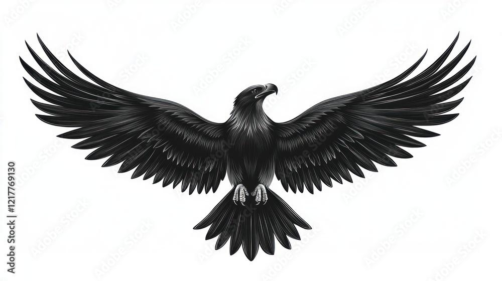 Fototapeta premium Powerful black eagle in flight, white background, soaring image for design