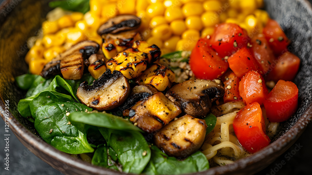 Fototapeta premium A vibrant vegetarian ramen bowl with soy-based broth grilled corn spinach and shiitake mushrooms.