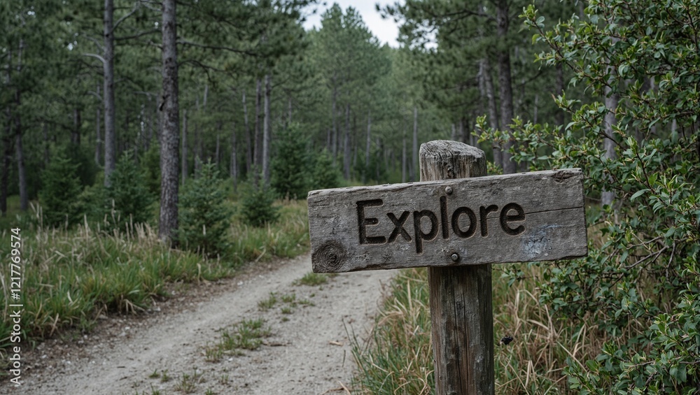 Rustic wooden sign reading Explore at forest trail entrance Rustic wooden sign reading Explore at forest trail entrance
