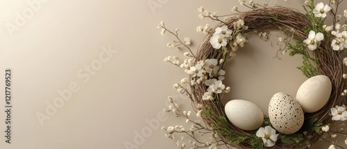 Three colorful eggs nestled in a floral wreath, surrounded by delicate white flowers, celebrating the essence of Easter.
