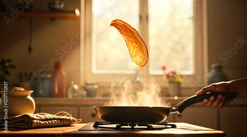 Pancake Tossed in Air, Cooking and Flipping Pancakes   Frying Pan and Stove Background  photo