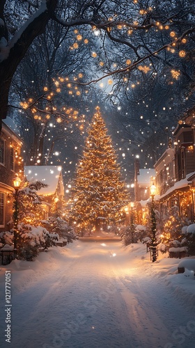 Vibrant christmas village highlighting a snowy setting with elegant festive tree in scene picture