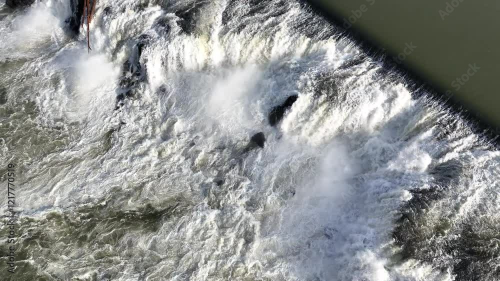 The Willamette River runs over rocks in Willamette Falls between West Linn and Oregon City, Oregon. This waterfall is the largest by volume in the Pacific Northwest.