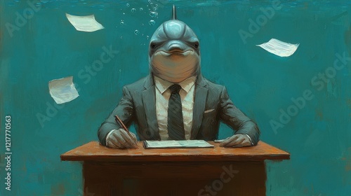 A surreal depiction of a dolphin in a suit, seated at a desk with scattered papers, blending elements of business and marine life.