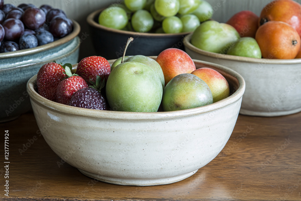 fresh fruit in rustic ceramic bowls on wooden tabletop fresh fruit in rustic ceramic bowls on wooden tabletop