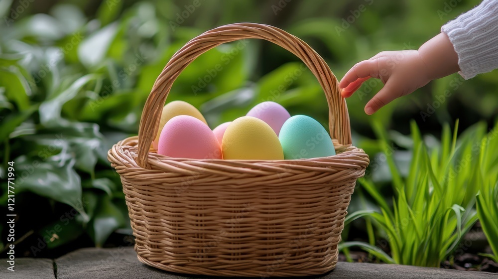 A person holds a basket filled with colorful Easter eggs, symbolizing the joy and celebration of the holiday. A person holds a basket filled with colorful Easter eggs, symbolizing the joy and celebration of the holiday.
