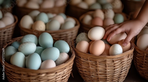 Wallpaper Mural Colorful baskets filled with decorated eggs on a table, as a person selects one to celebrate Easter traditions. Torontodigital.ca
