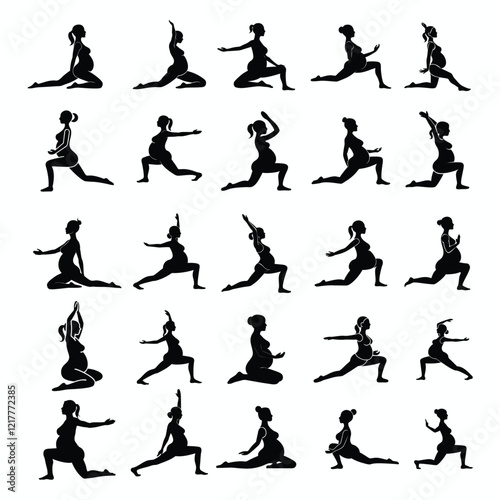 A set of vector silhouette pregnant women pregnancy yoga pose