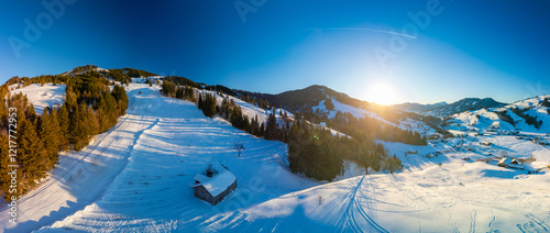 The Neusell ski area and village in winter, Rothenthurm, Biberegg, Switzerland