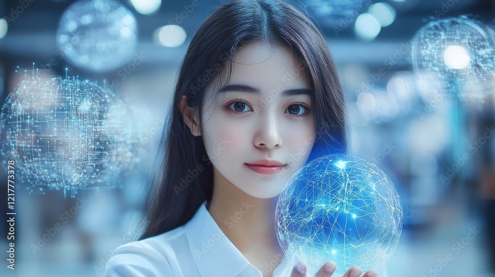 Fototapeta premium Woman holding a futuristic digital globe, technology, innovation, connection, network, digital world