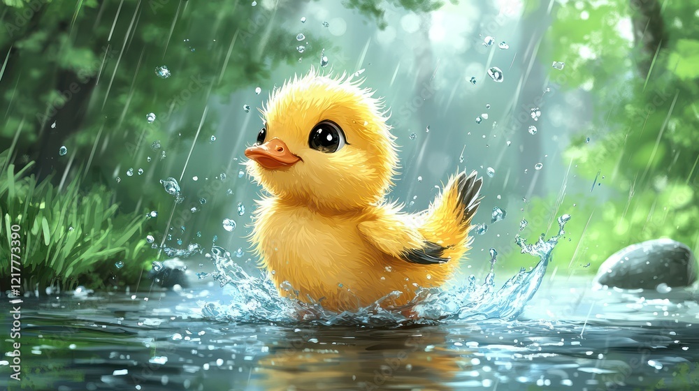 Duckling Splashing Puddle, Forest Rain, Nature Image Duckling Splashing Puddle, Forest Rain, Nature Image