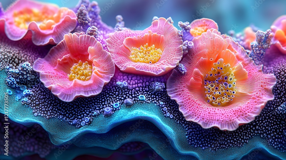 Fototapeta premium Colorful Underwater Coral Reef With Vibrant Flowers Swaying Gently in the Ocean Current During a Sunny Day