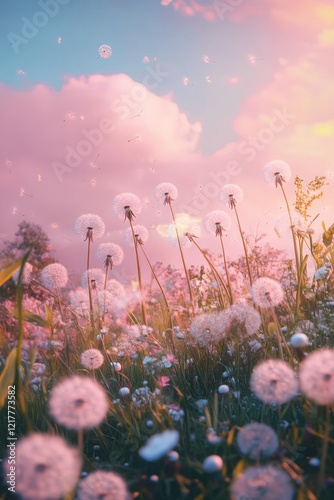 Sunset Dandelions Meadow, Pink Sky, Seeds Floating