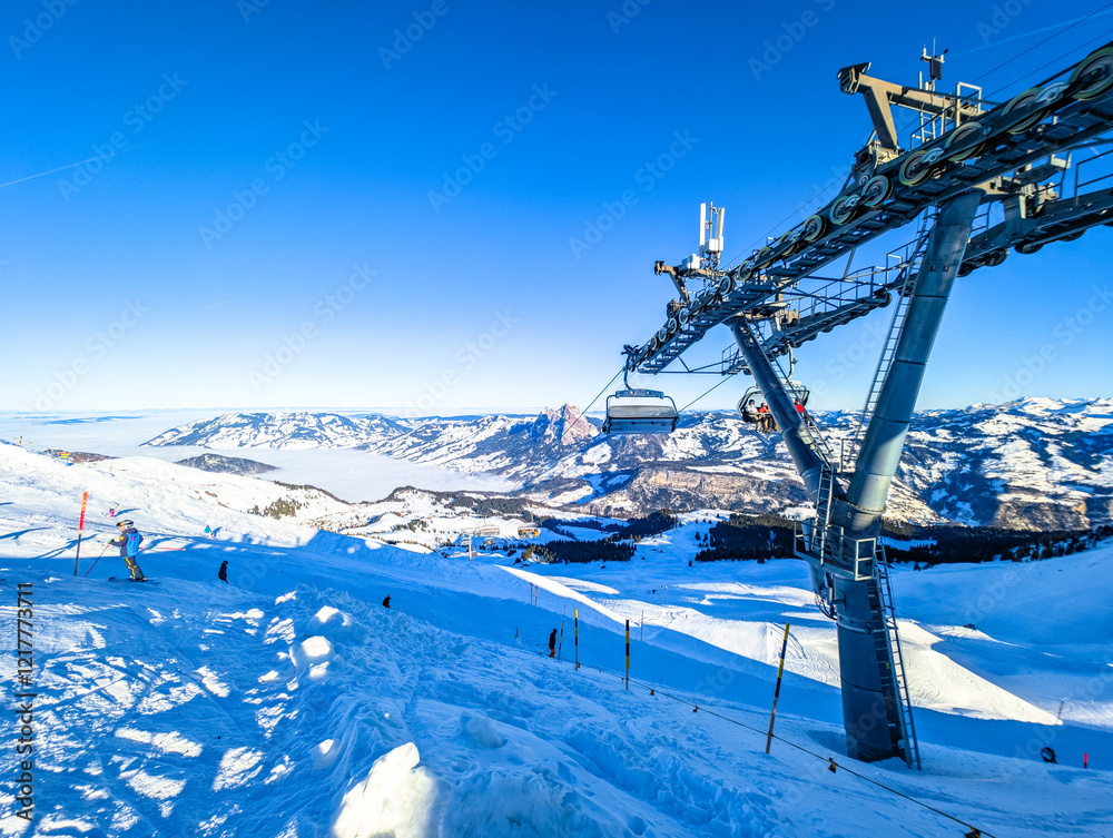 Aerial drone view of snow covered ski slopes at Stoos,Switzerland Aerial drone view of snow covered ski slopes at Stoos,Switzerland