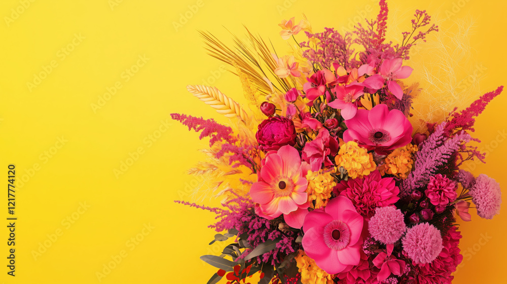 Flowers in Bold Pink Tones, Arranged in a Bouquet with Intricate Details, Set Against a Bright Yellow Background for a Striking Visual