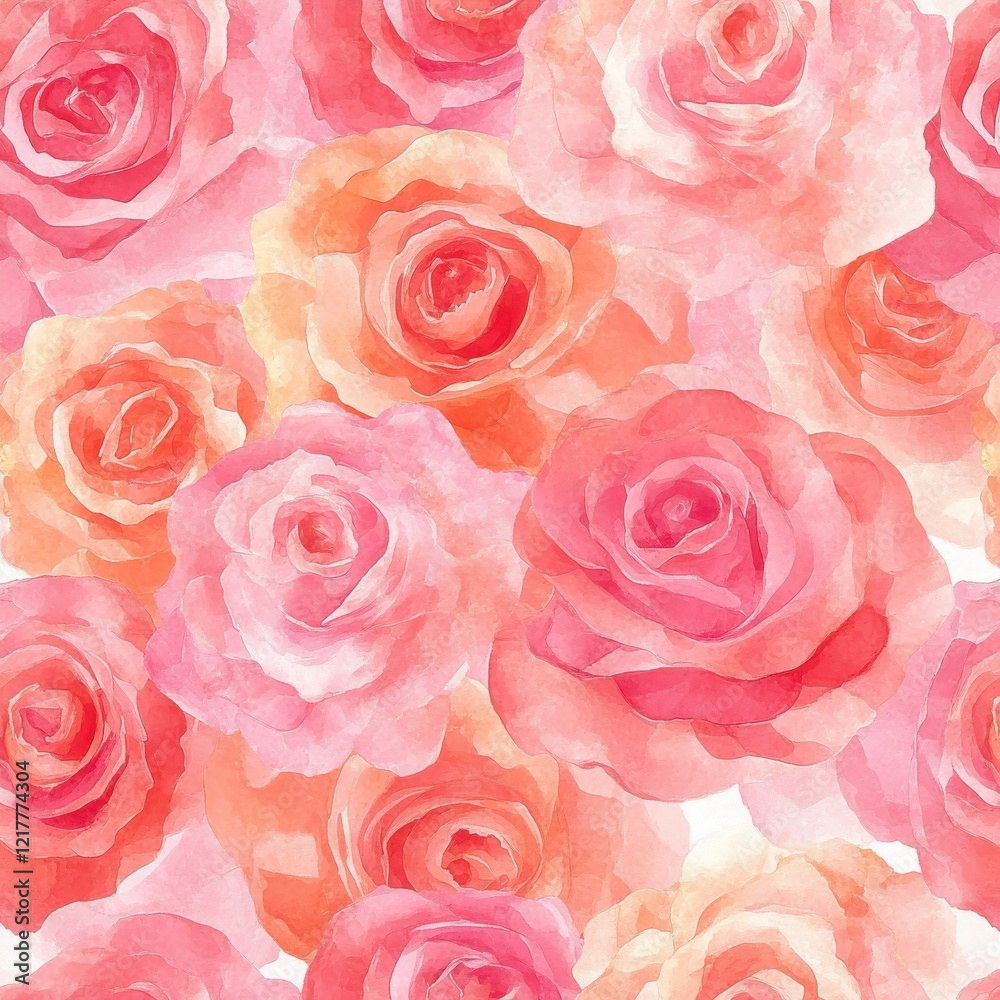 A Seamless Pattern of Pink and Peach Roses with Gray Leaves on a Light Pink Background A Seamless Pattern of Pink and Peach Roses with Gray Leaves on a Light Pink Background