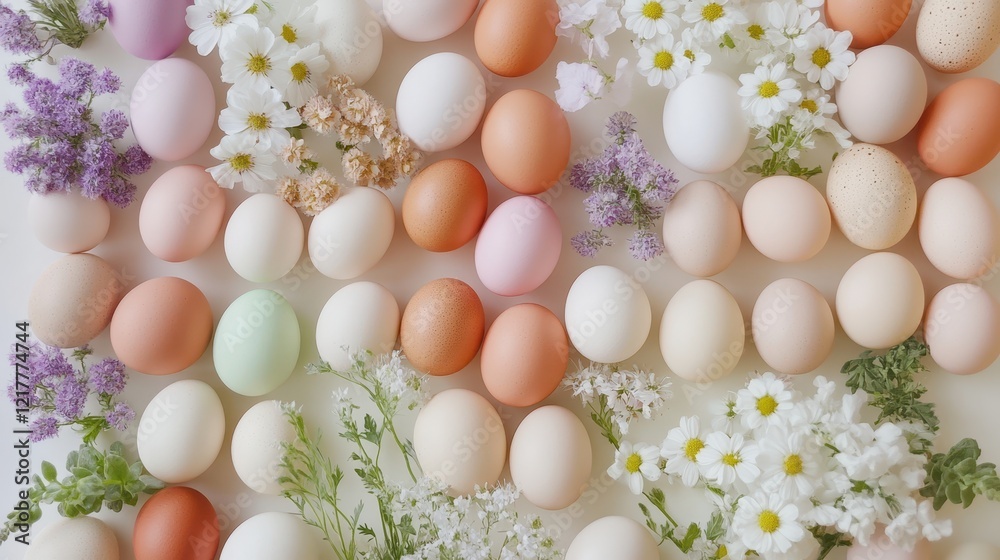 Colorful eggs and vibrant flowers arranged beautifully on a white surface, celebrating the joy of Easter.