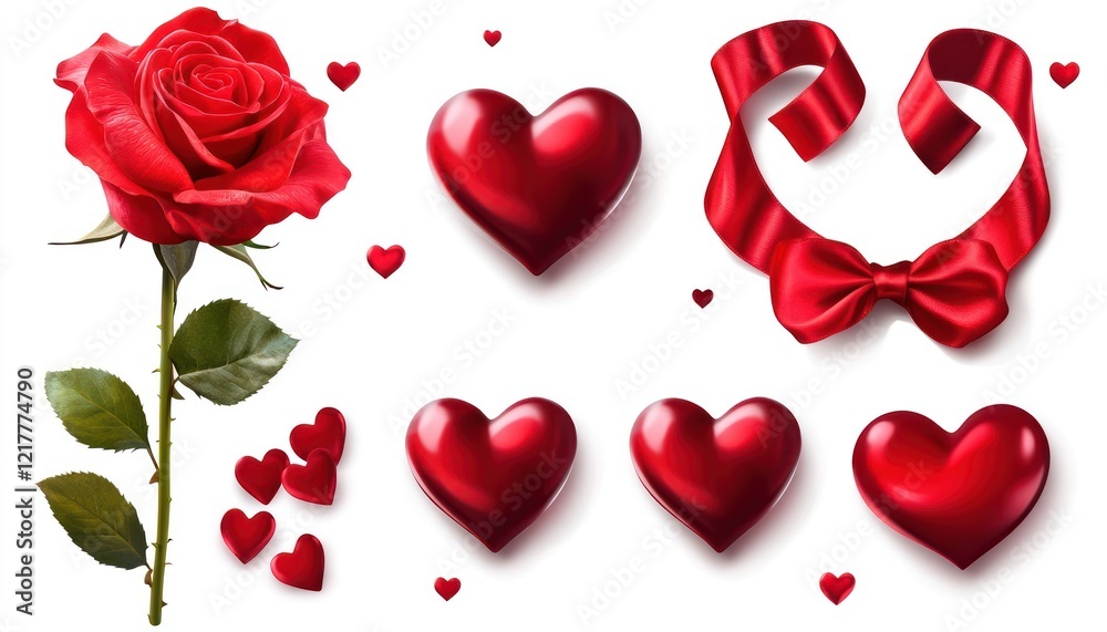 A high-resolution Valentine's Day design set featuring a rose flower, pairs of red hearts, and a red silk ribbon A high-resolution Valentine's Day design set featuring a rose flower, pairs of red hearts, and a red silk ribbon