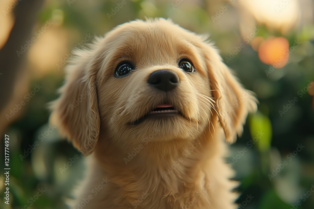 Close-up photo of cute pet brown puppy retriever looking up at something in outdoor garden Close-up photo of cute pet brown puppy retriever looking up at something in outdoor garden