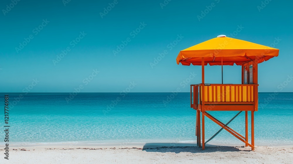 Lifeguard Tower Stands on a Pristine Beach Under a Clear Blue Sky Near the Calm Ocean on a Sunny Day Lifeguard Tower Stands on a Pristine Beach Under a Clear Blue Sky Near the Calm Ocean on a Sunny Day