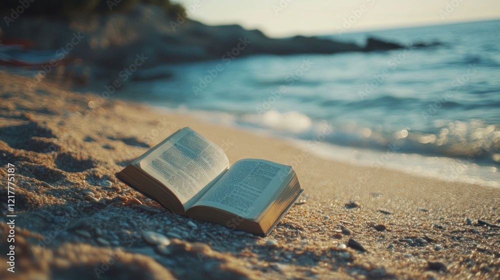 An open book rests on sandy beach near the ocean, capturing a tranquil moment of leisure. An open book rests on sandy beach near the ocean, capturing a tranquil moment of leisure.