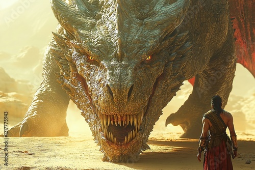 An image of a soldier in a barren, dusty, dry land facing a large monster from a fantasy world with a Tyrannosaurus-like appearance, hard, rough skin, a large mouth, sharp teeth, and strong, large paw