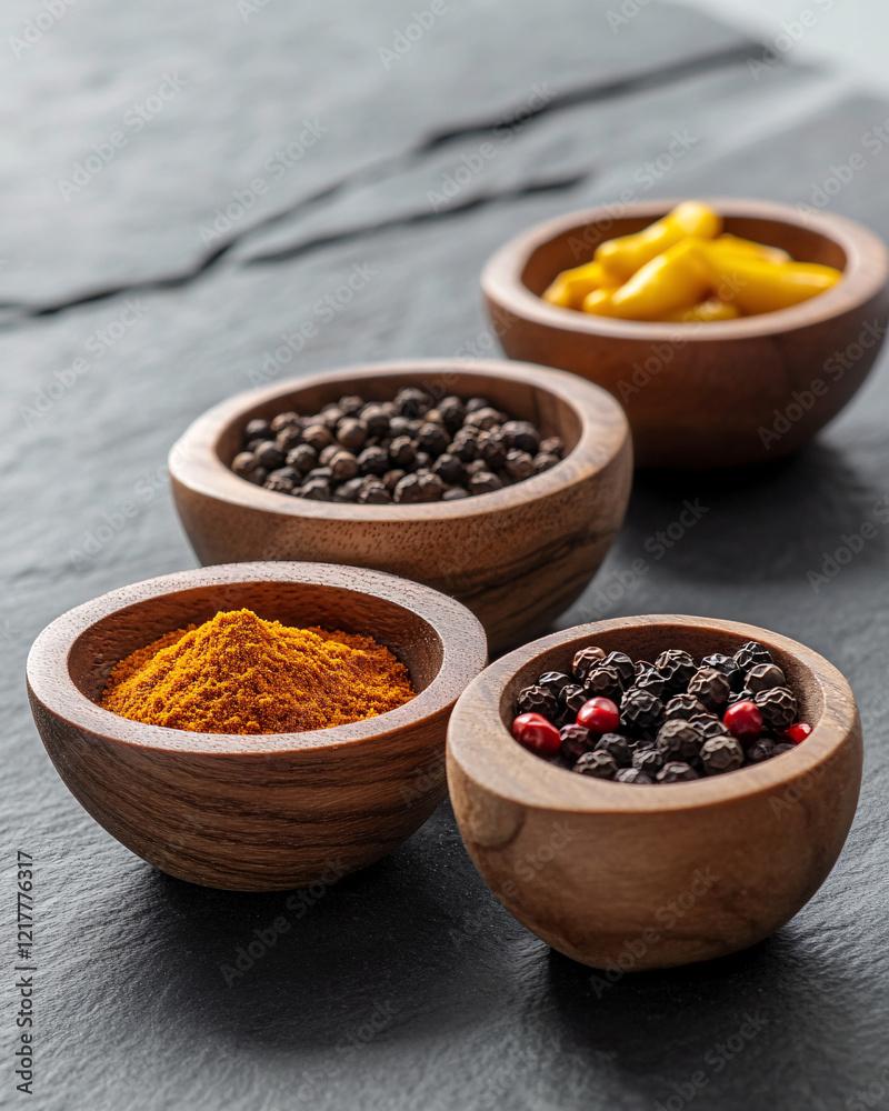 wooden bowls of spices on black slate surface wooden bowls of spices on black slate surface