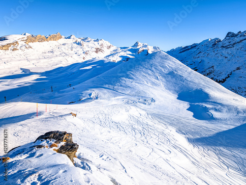 Ski slopes and mountains, Melchsee-Frutt mountain resort village, Switzerland photo