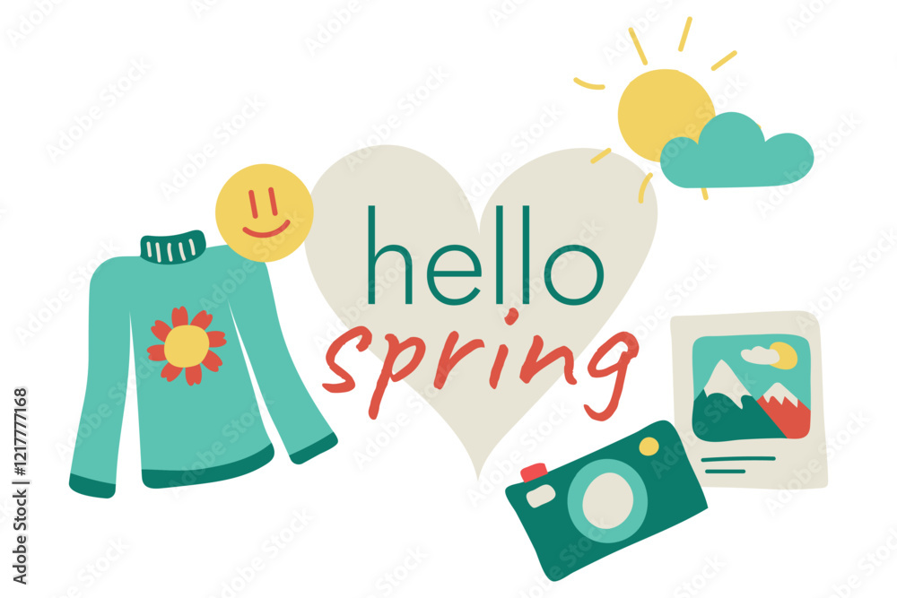 Fototapeta premium Hello Spring, seasonal symbols. Set of Springtime objects - photos, camera, sweater. Emoji, sun and cloud. Message. Long-sleeved clothes with flower. Children drawing, hand-drawn. Vector illustration
