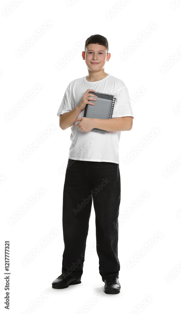 Full length portrait of teenage boy with books on white background Full length portrait of teenage boy with books on white background