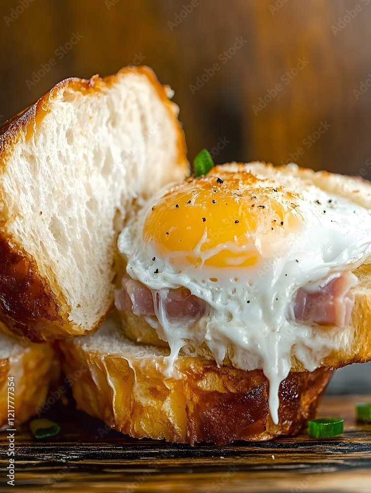 Ham and Egg Breakfast Sandwich: A mouthwatering close-up of a golden-brown breakfast sandwich, overflowing with fluffy scrambled eggs, crispy ham, and melty cheese. Ham and Egg Breakfast Sandwich: A mouthwatering close-up of a golden-brown breakfast sandwich, overflowing with fluffy scrambled eggs, crispy ham, and melty cheese.
