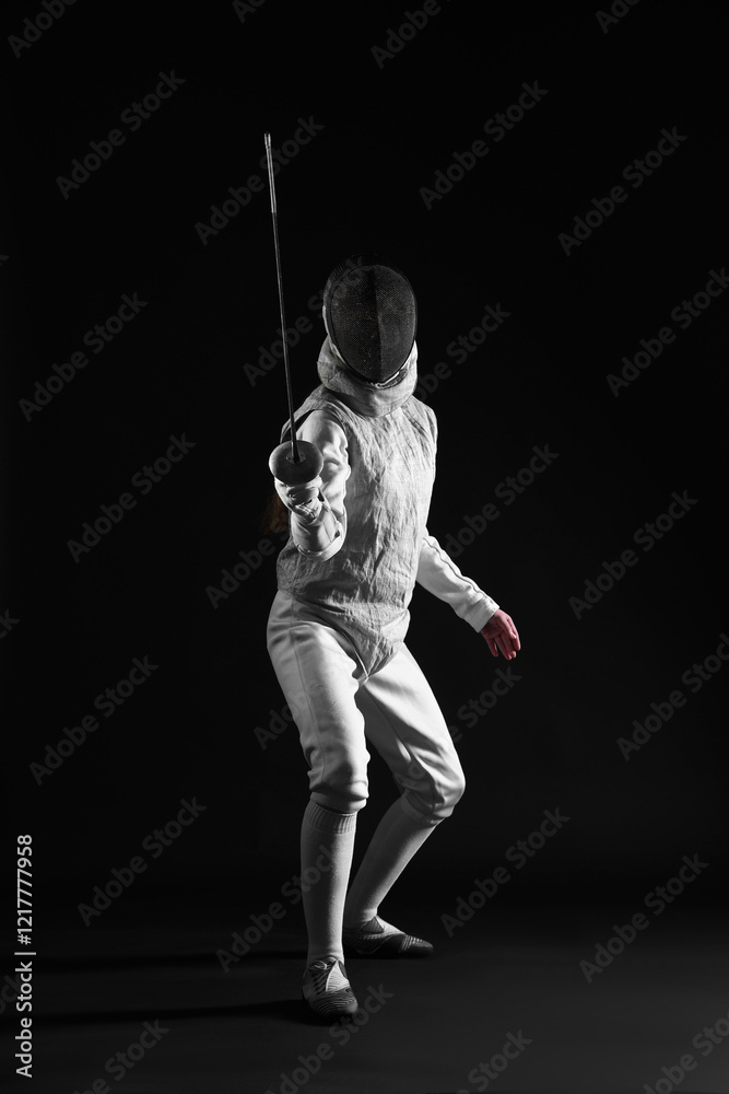 Fencer with epee practicing on dark background Fencer with epee practicing on dark background