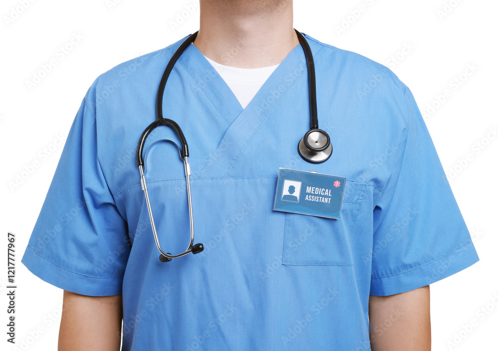Medical assistant with badge on white background, closeup