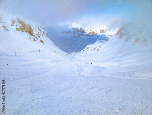 Ski slopes and mountains, Melchsee-Frutt mountain resort village, Switzerland photo