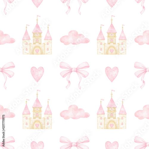 castle, bow, heart, cloud. Watercolor seamless pattern in pastel colors for textile and wrapping paper. Cute children's illustration for little princesses