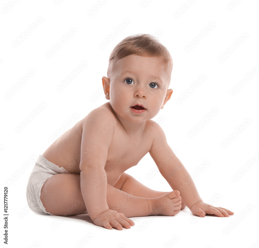 Little baby in diaper on white background Little baby in diaper on white background