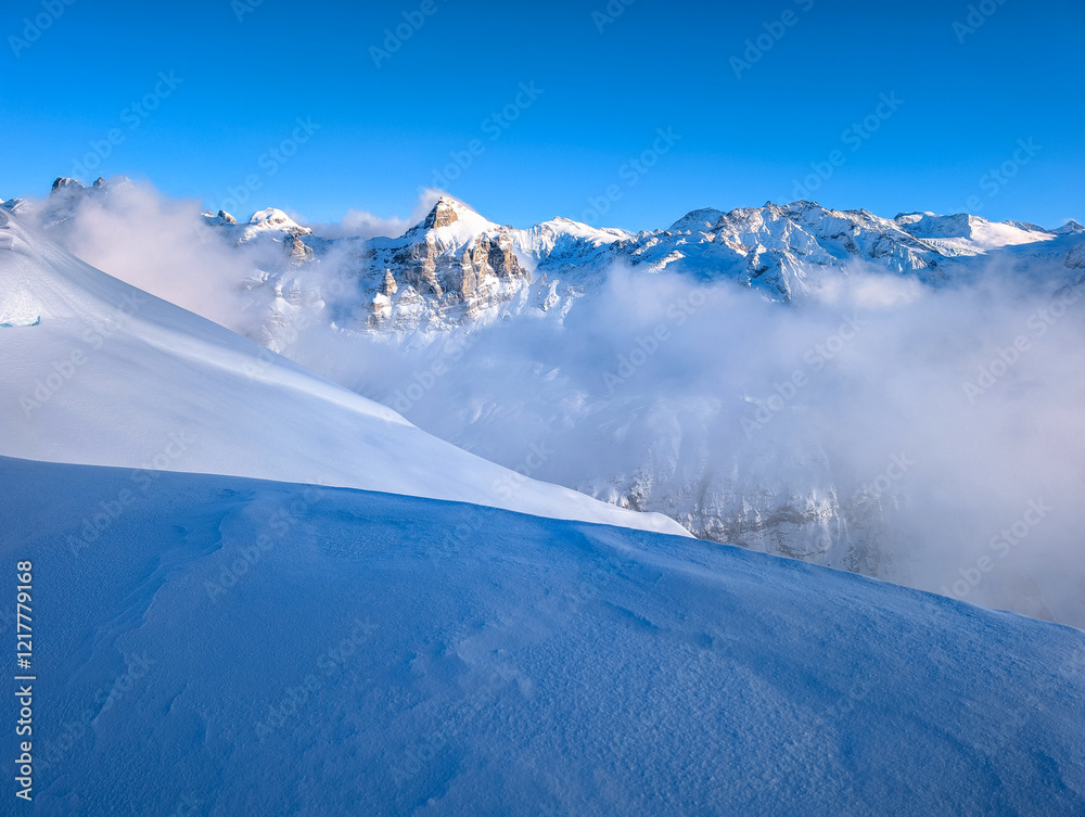 Fototapeta premium Ski slopes and mountains, Melchsee-Frutt mountain resort village, Switzerland
