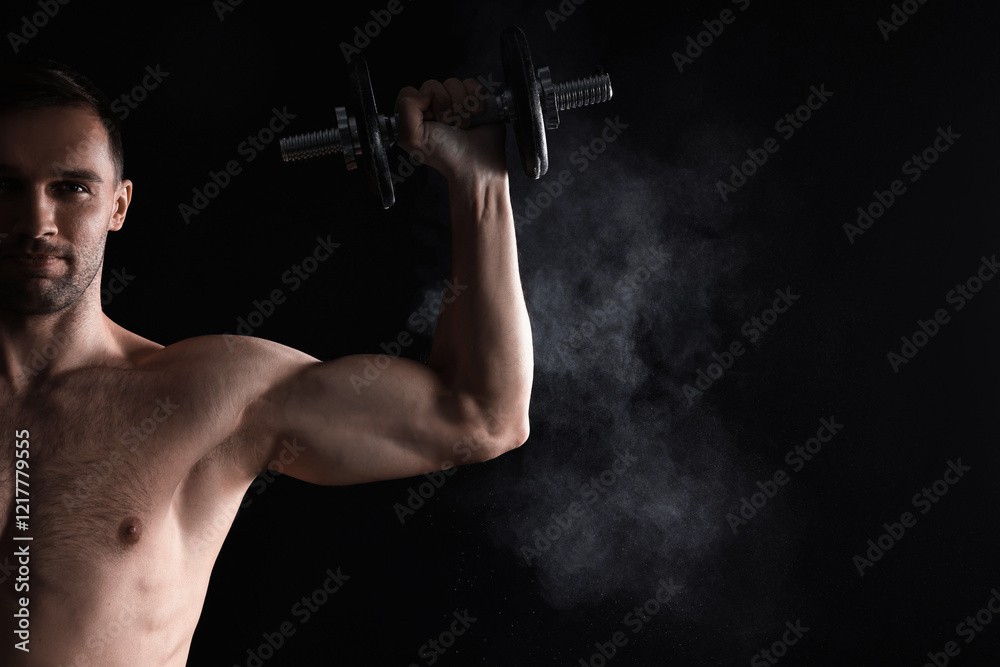 Man with talcum powder on hand training with barbell against black background. Space for text Man with talcum powder on hand training with barbell against black background. Space for text
