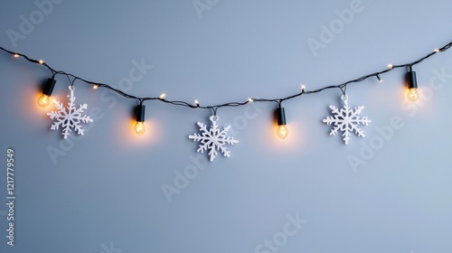 A decorative string of lights featuring snowflakes and warm glowing bulbs against a simple background, evoking a cozy winter atmosphere.