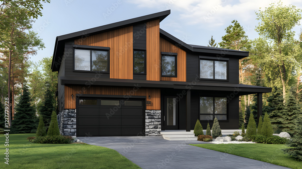 Modern house with wooden cladding and black windows Modern house with wooden cladding and black windows