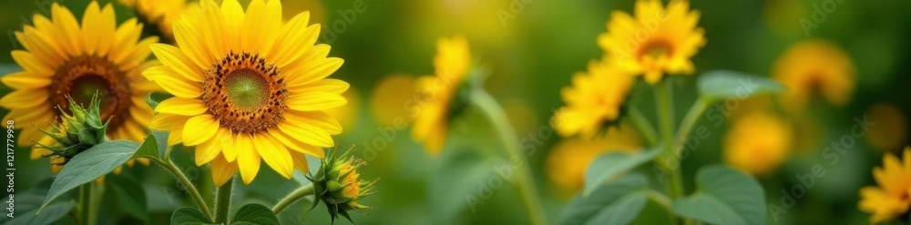 Obraz premium Freshly picked bouquet of sunflowers with green stems, garden, sunflowers, foliage