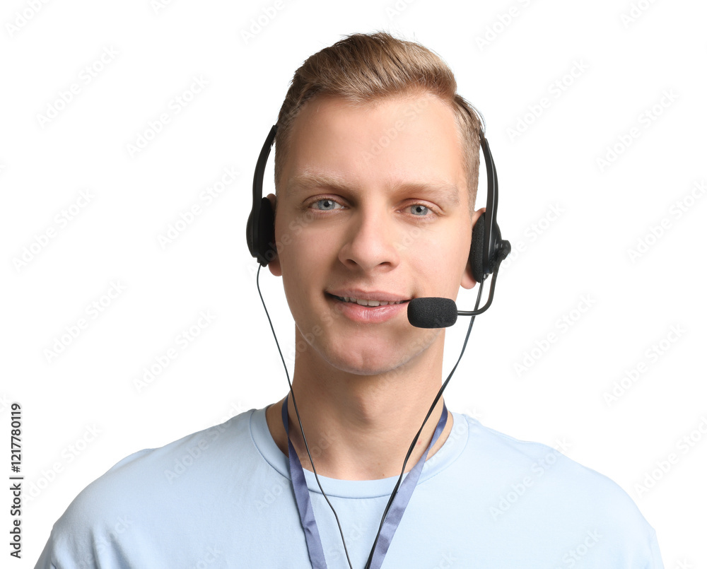 Technical support call center. Portrait of smiling operator on white background Technical support call center. Portrait of smiling operator on white background