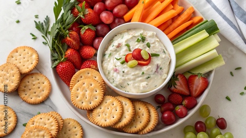 Cottage cheese dip served with fresh vegetables and fruits during a casual gathering