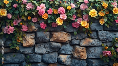 Vibrant flowers blooming stone wall display high resolution hd image