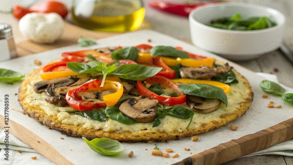 Fresh veggie pizza on a cauliflower crust topped with mushrooms, bell peppers, and spinach enjoyed at a cozy kitchen table Fresh veggie pizza on a cauliflower crust topped with mushrooms, bell peppers, and spinach enjoyed at a cozy kitchen table