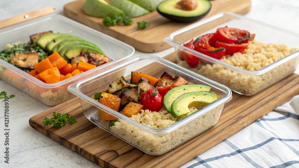 Healthy meal prep featuring colorful quinoa bowls with seasonal vegetables and fresh ingredients arranged neatly in meal containers Healthy meal prep featuring colorful quinoa bowls with seasonal vegetables and fresh ingredients arranged neatly in meal containers