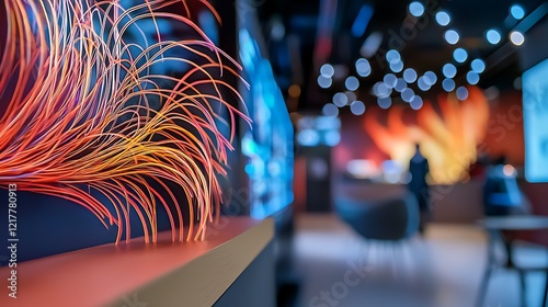 Abstract art in modern lobby; blurred background