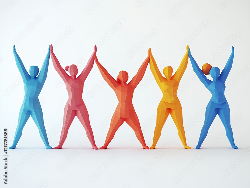 Colorful Geometric Figures in Dynamic Poses Celebrating Diversity and Teamwork in a Minimalist Art Style Colorful Geometric Figures in Dynamic Poses Celebrating Diversity and Teamwork in a Minimalist Art Style