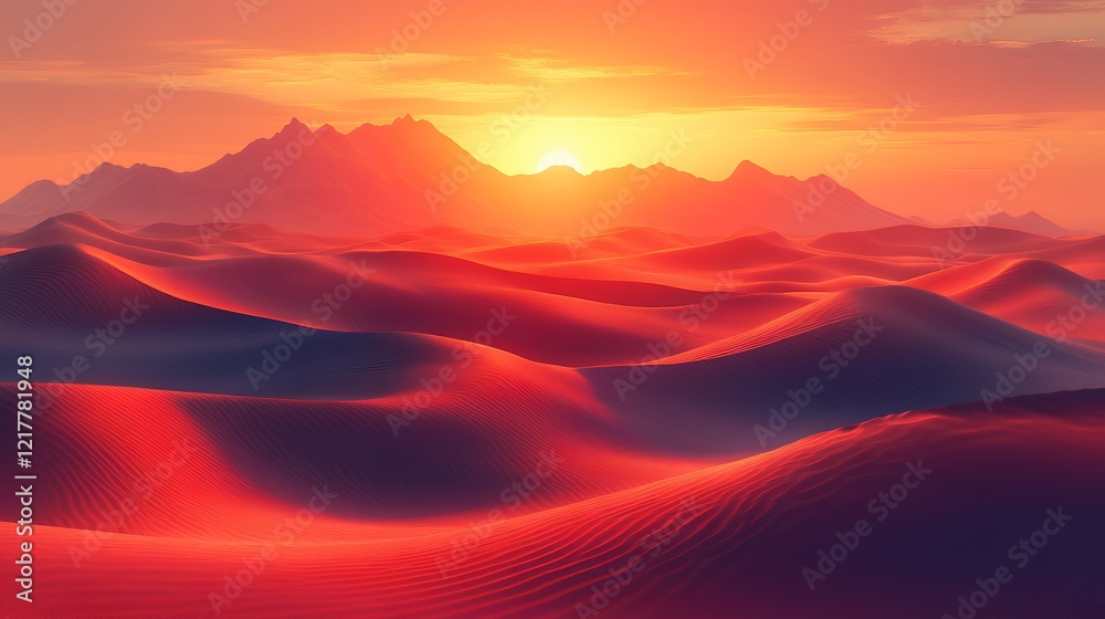 Fototapeta premium Surreal Sunset Casts Warm Hues Over the Undulating Dunes and Distant Mountains in a Serene Desert Landscape