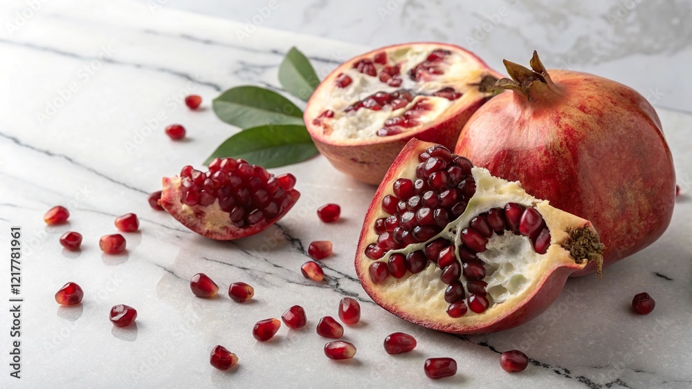 Juicy pomegranate with seeds spilling out on a marble surface showcases freshness and vibrant colors in a natural setting during daylight Juicy pomegranate with seeds spilling out on a marble surface showcases freshness and vibrant colors in a natural setting during daylight